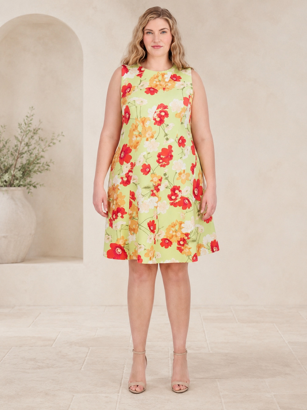 NWT Vince Camuto Plus 22W Lime Floral Fit & Flare Knee Dress Pockets $148